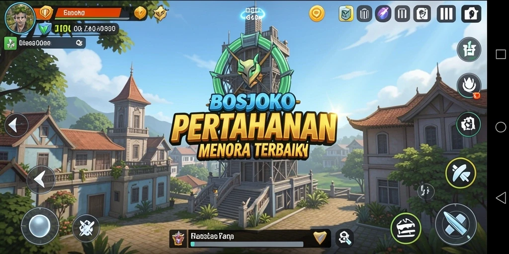 Tangkapan layar BOSJOKO menampilkan menara pertahanan yang melawan gelombang musuh.