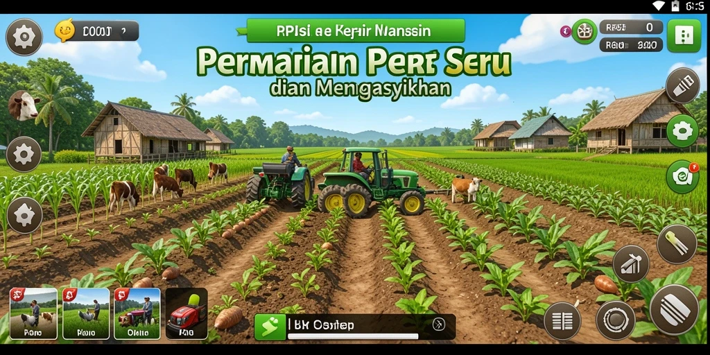 Screenshot utama RP55 menampilkan aktivitas bertani yang seru.