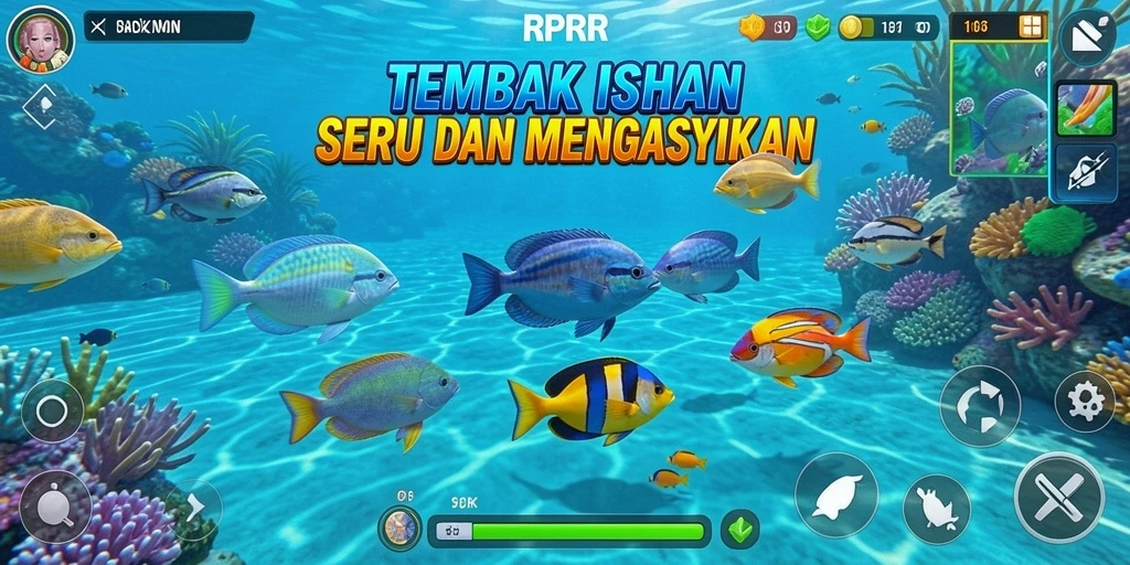 Tampilan gameplay RPRR yang menarik dengan berbagai ikan berwarna.