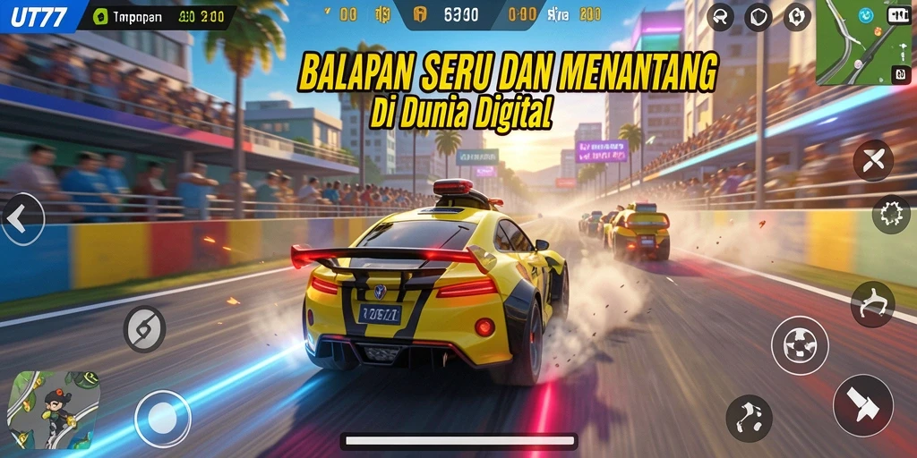 Screenshot UT77 menampilkan aksi balapan yang mendebarkan.